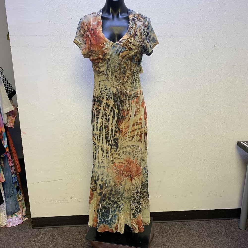 Reba NWT Ivory w/Multicolored Print & Studded Dress w/Slip Size Large for junior